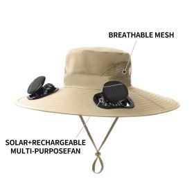 Widened Solar Fan Bucket Hat With Cooling Fan Suitable For Summer Outdoor Activities (Color: Khaki)